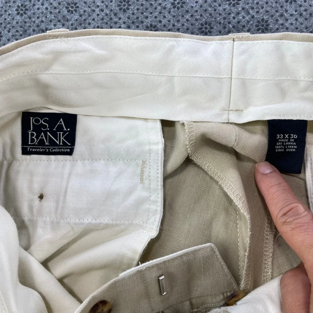 Jos A Bank Travelers Collection Mens 33x30 Beige 100% Linen Pleated Pants Cuff